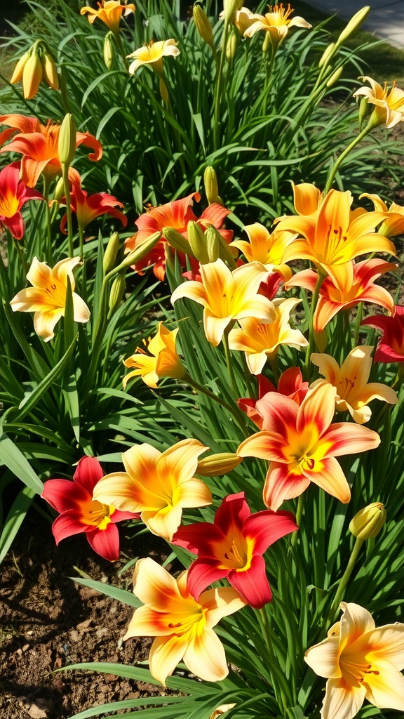 Colorful daylilies in a garden, featuring yellow and red blooms.