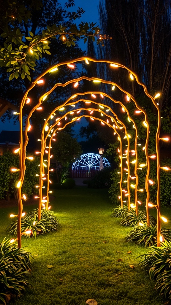 A garden pathway featuring decorative arches illuminated with lights, surrounded by green grass and plants.