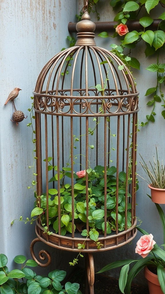 A decorative birdcage planter filled with green plants, featuring a small bird figurine on the side.