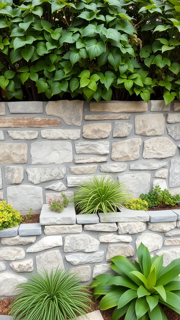 Decorative stone wall with built-in planters and various plants