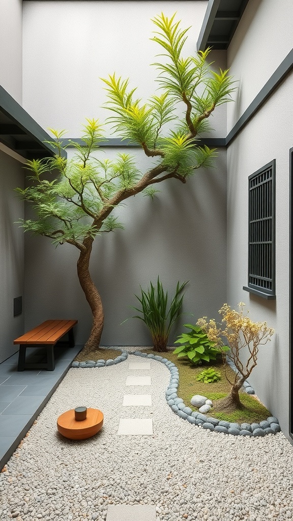 A small Japanese courtyard garden featuring a tree, plants, and a stone path.