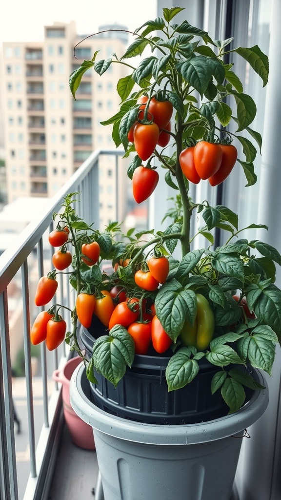 A container garden with ripe tomatoes and peppers on a balcony