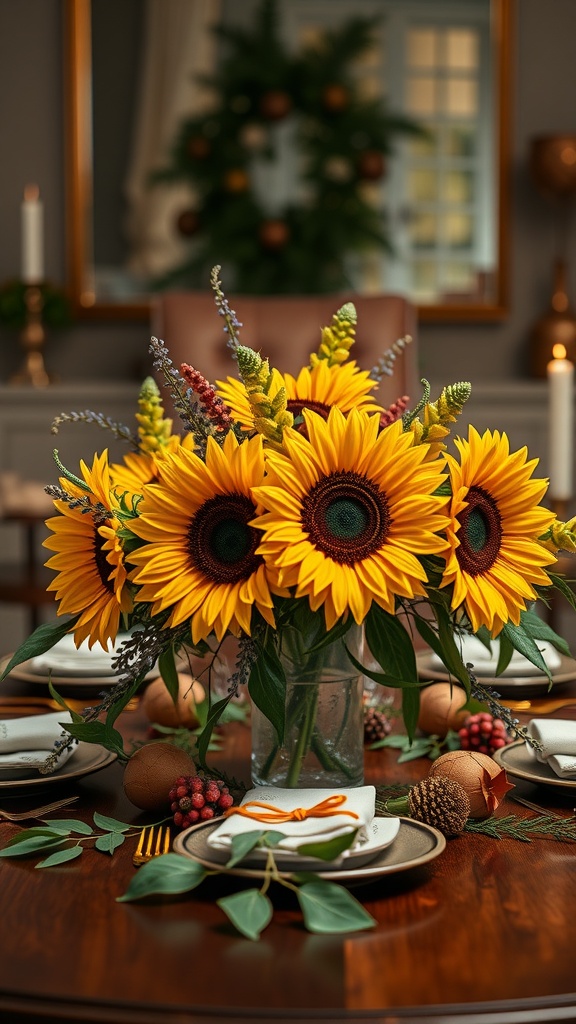 A dining table centerpiece featuring a large vase of sunflowers surrounded by natural decor elements for fall.