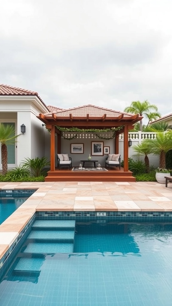 A luxurious pool with steps leading into the water, surrounded by elegant stone decking and a cozy gazebo.