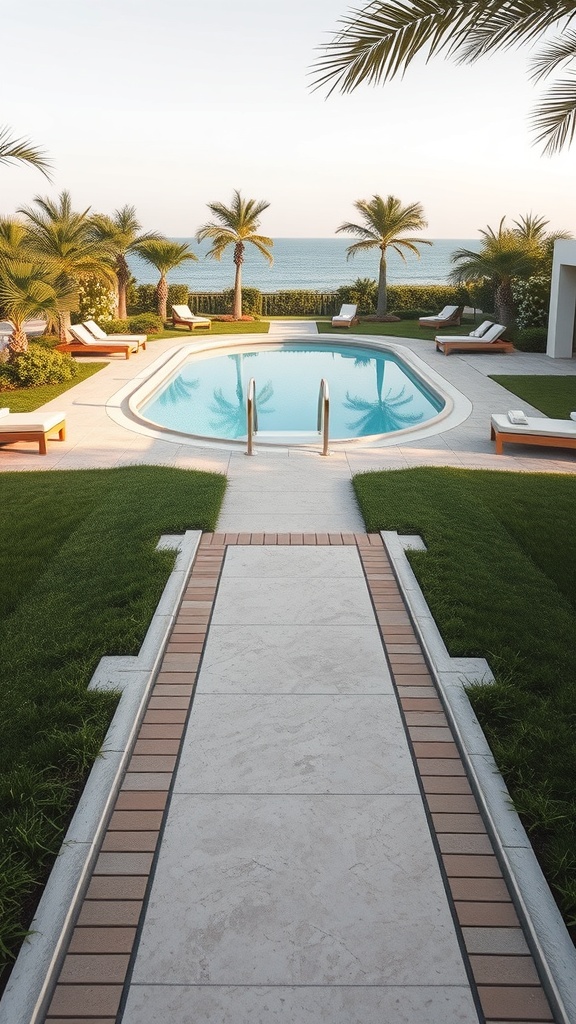 A luxurious poolside pathway leading to a serene pool with palm trees and lounge chairs.