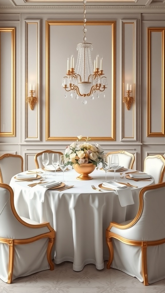 A dining table set with a white tablecloth, gold accents, and a floral centerpiece in a golden vase.