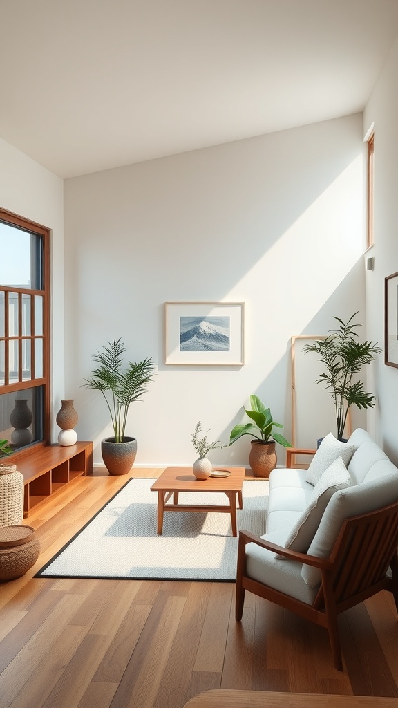 A minimalist Japanese living room with natural light, plants, and simple furniture.