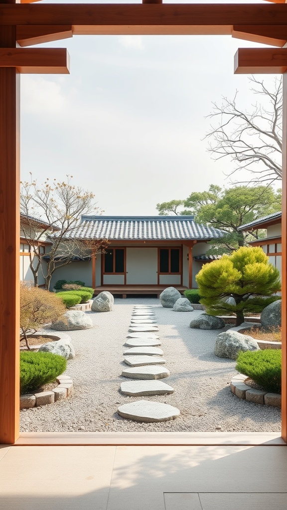 A serene Japanese garden featuring stepping stones, carefully pruned trees, and a gravel path.
