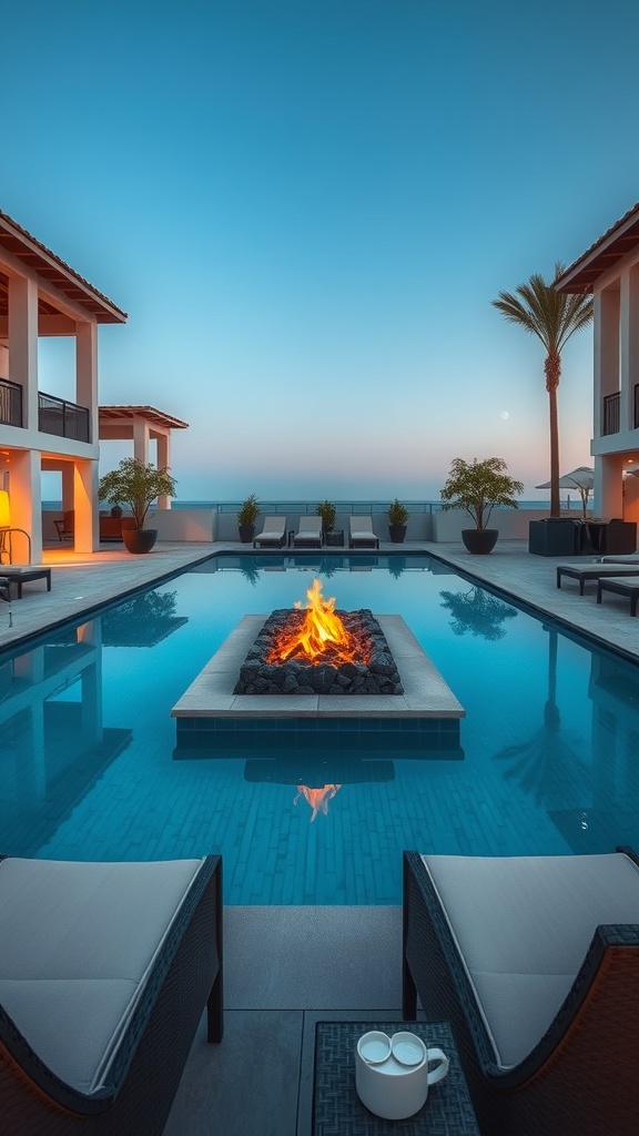 Luxury pool with a central fire pit surrounded by lounge chairs