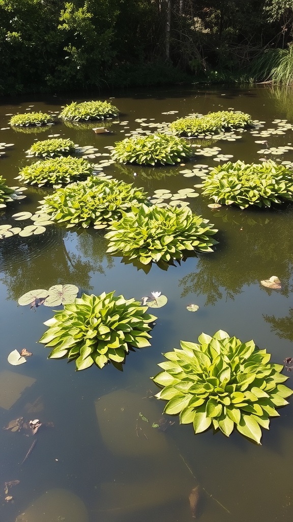 Floating islands of green plants in a pond with lily pads