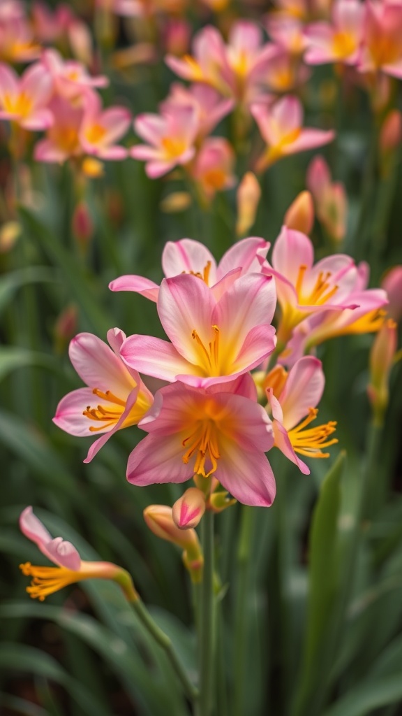 A cluster of pink and yellow freesia flowers blooming in a garden.