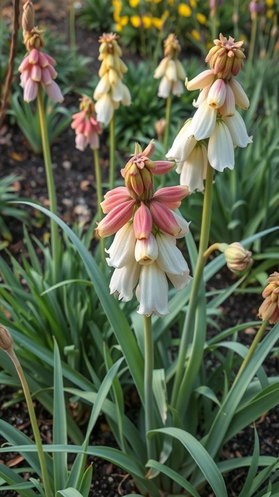 Fritillaria flowers in a garden, showcasing unique bell-shaped blooms in pink and white.