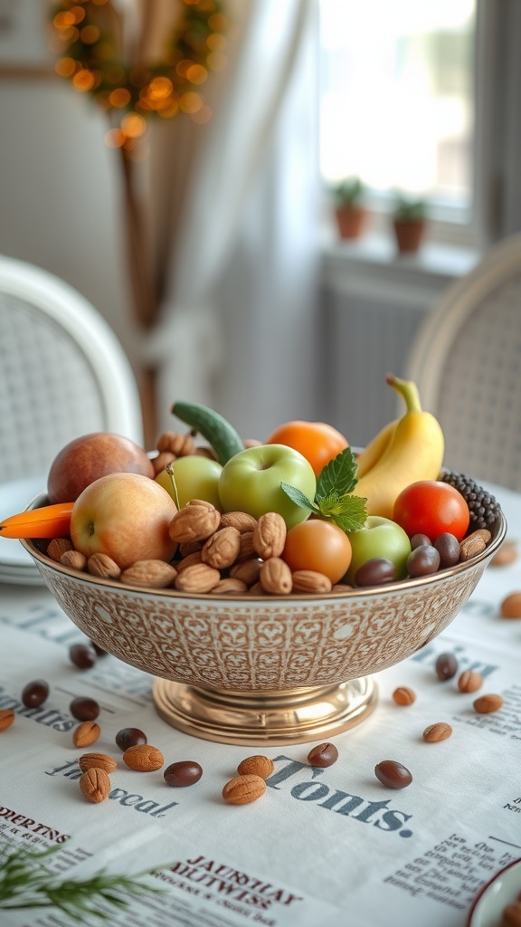 A decorative bowl filled with assorted fruits and nuts, placed on a dining table.