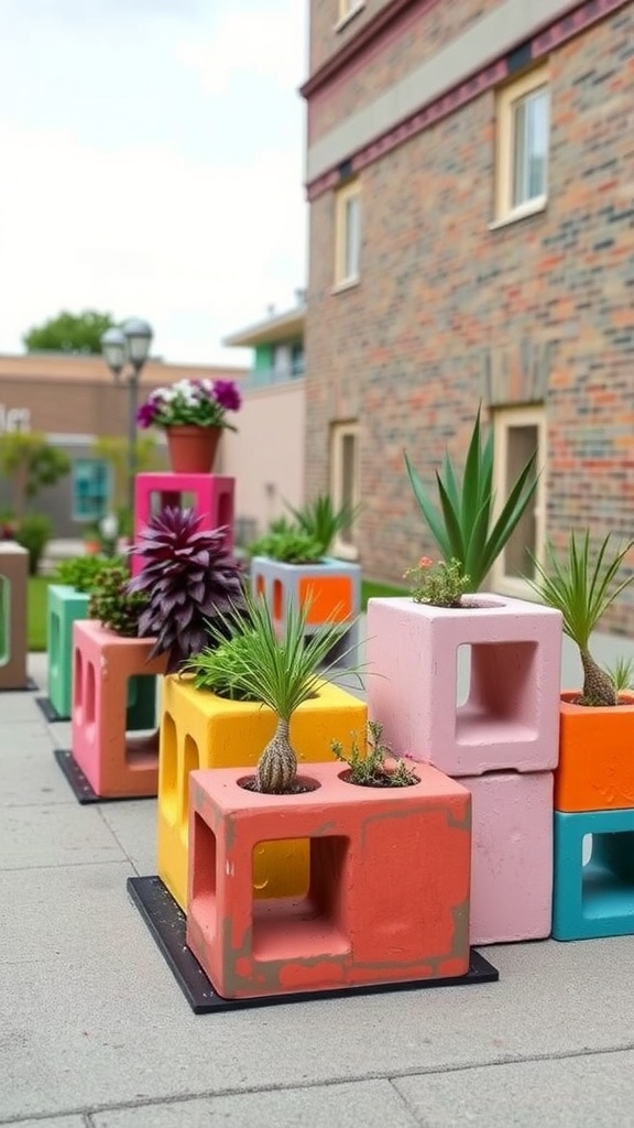Colorful cinder block planters with various plants arranged in a playful display