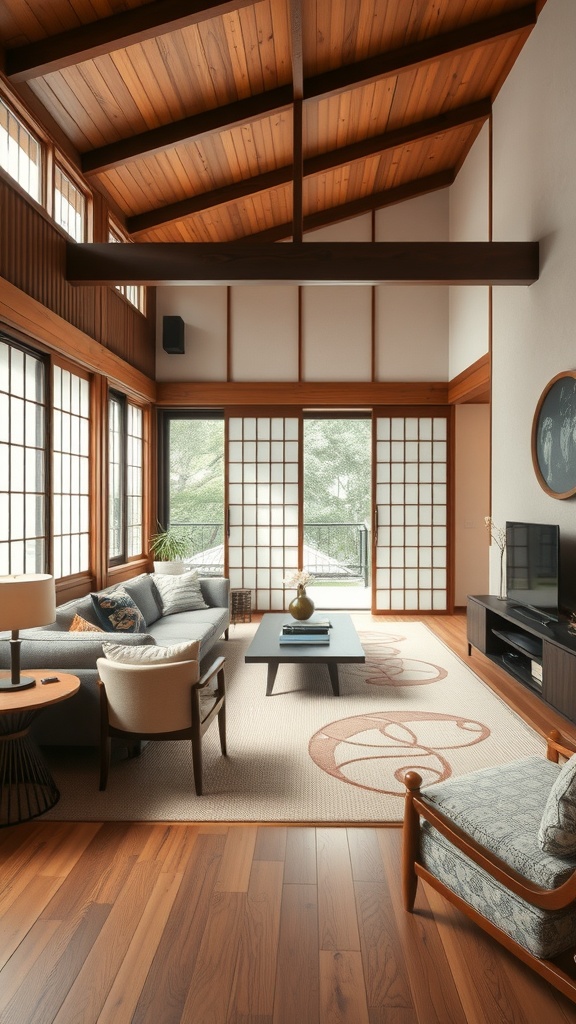 A modern Japanese living room featuring wooden beams, shoji screens, and a blend of contemporary and traditional furniture.