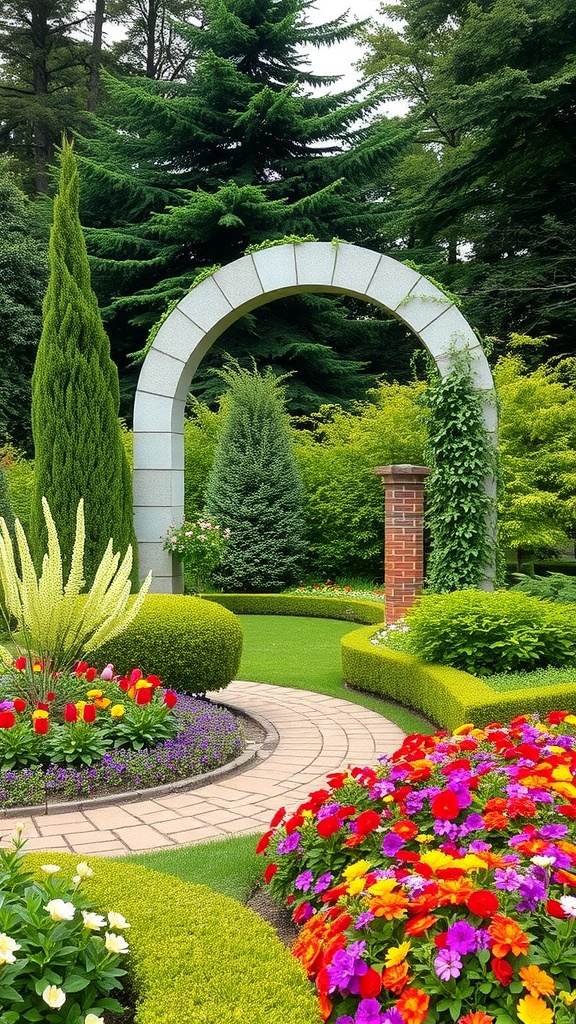 A beautiful garden with a stone arch surrounded by colorful flowers and lush greenery.
