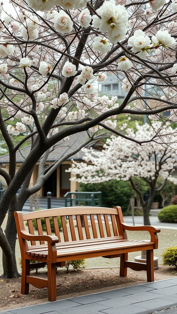 A wooden garden bench under flowering trees in a Japanese garden.