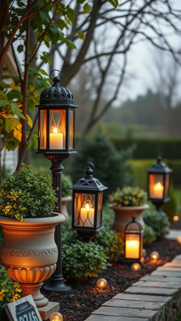 A beautiful garden scene featuring lanterns and plant holders, creating a warm and inviting atmosphere.
