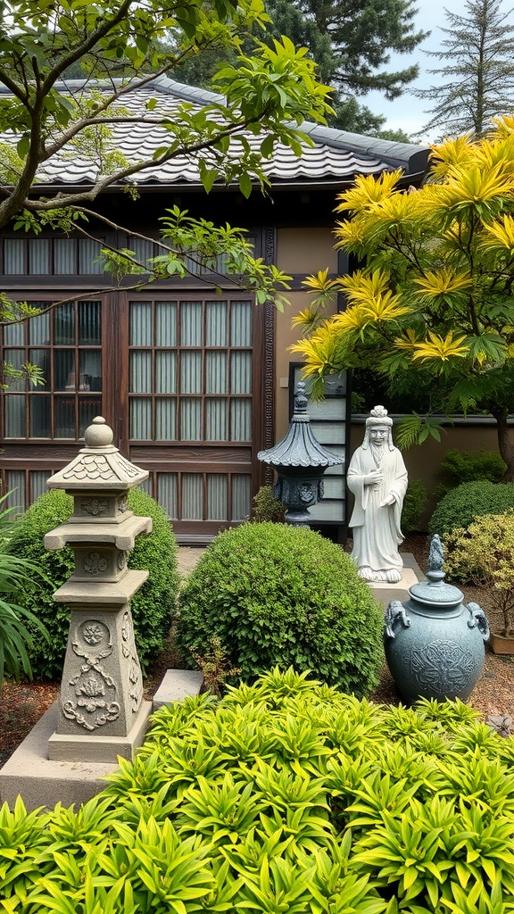 A small Japanese garden featuring a stone lantern, a serene statue, and lush green plants.