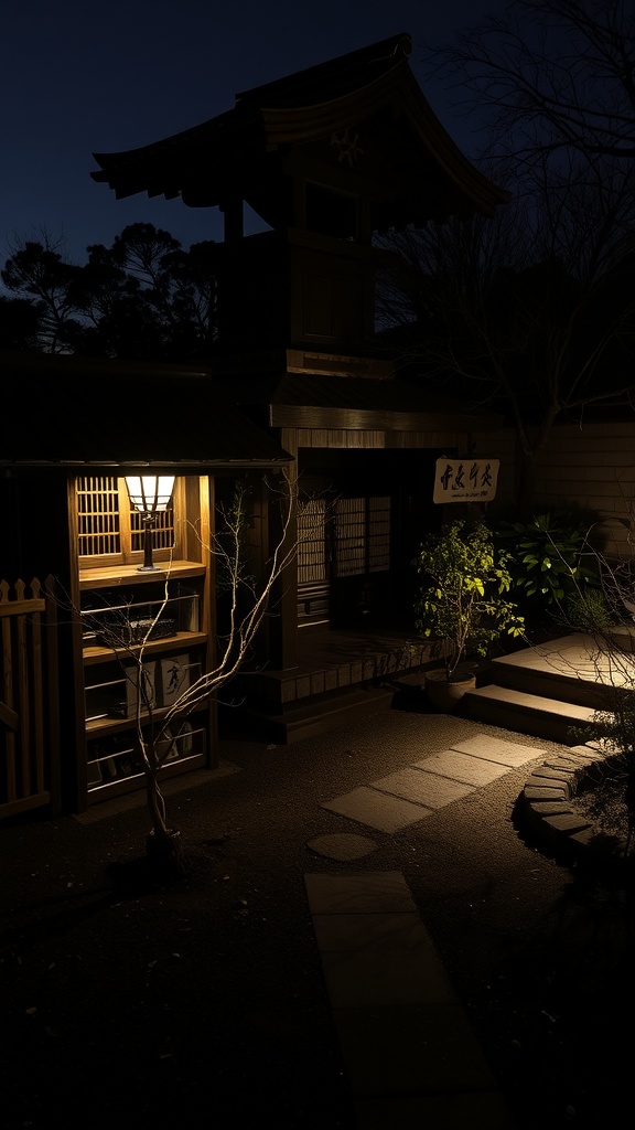 A small Japanese garden path illuminated by lanterns at night