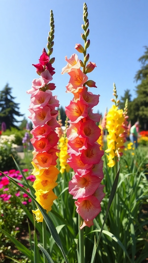 Colorful gladiolus flowers in shades of pink, orange, and yellow, standing tall in a garden.