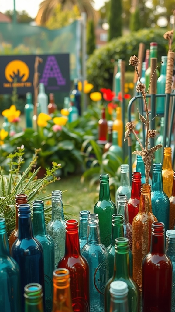 Colorful glass bottles arranged as a garden border