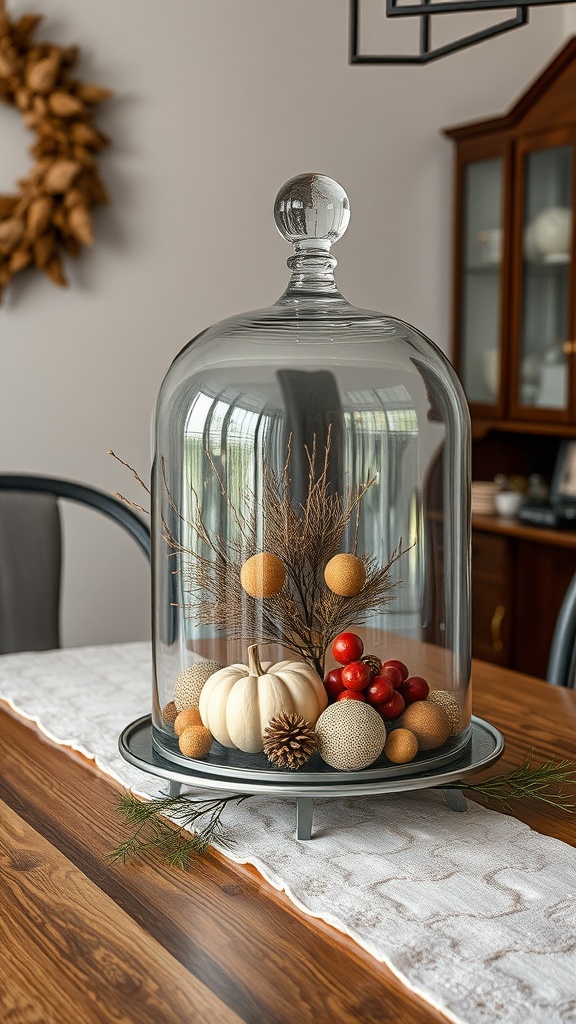A glass cloche with seasonal decor including a white pumpkin, berries, and decorative orbs on a dining table.