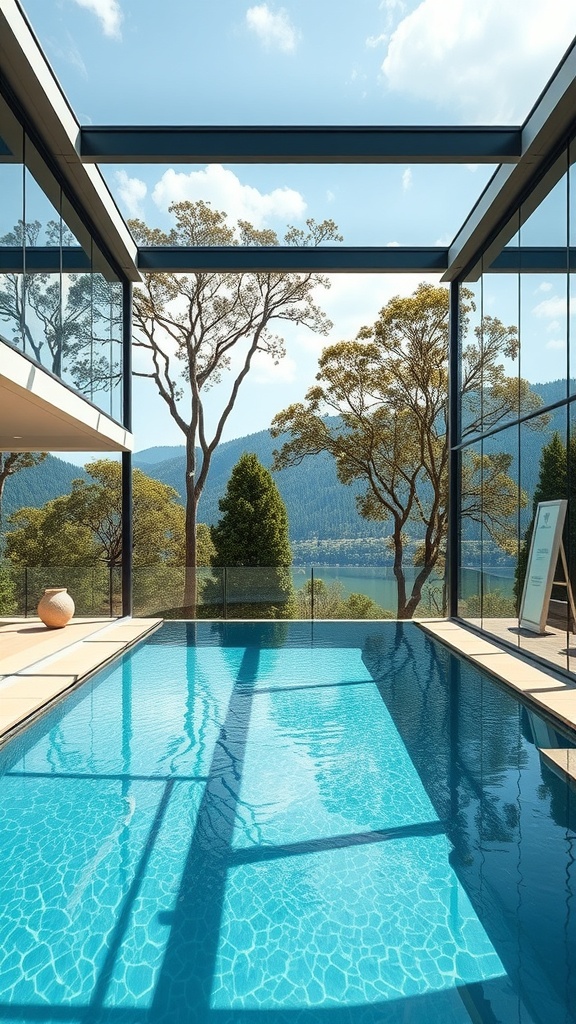 A luxury pool area with glass walls showcasing a scenic view of trees and mountains.