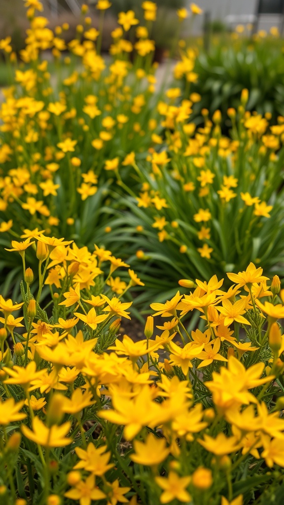 A vibrant display of yellow flowers from the Golden Star plant, surrounded by green foliage.
