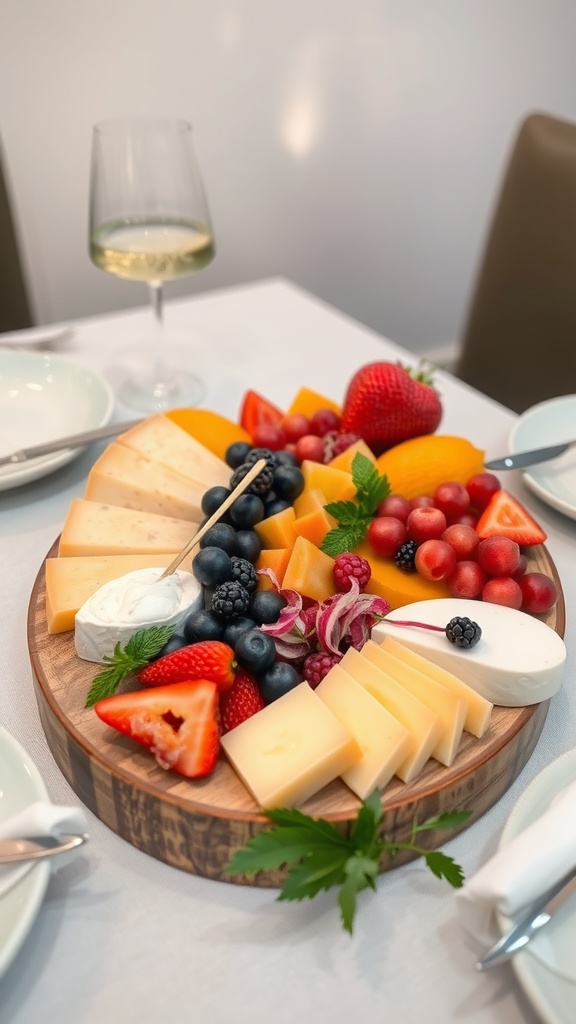 A gourmet cheese and fruit display on a wooden platter with various cheeses, fruits, and a glass of white wine.