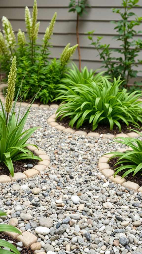 A small Japanese garden featuring gravel and pebbles as ground cover, surrounded by green plants.