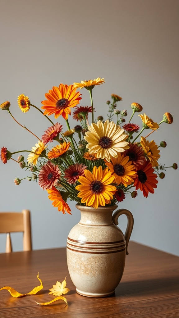 A handmade pottery vase filled with colorful fall flowers on a dining table.