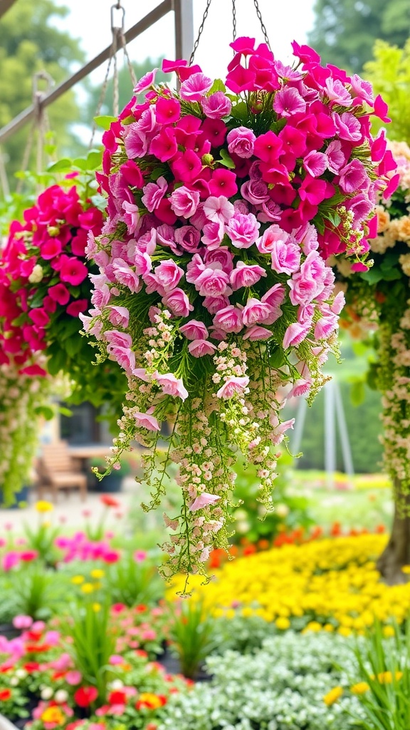 Colorful hanging baskets filled with pink and purple flowers, cascading down beautifully.