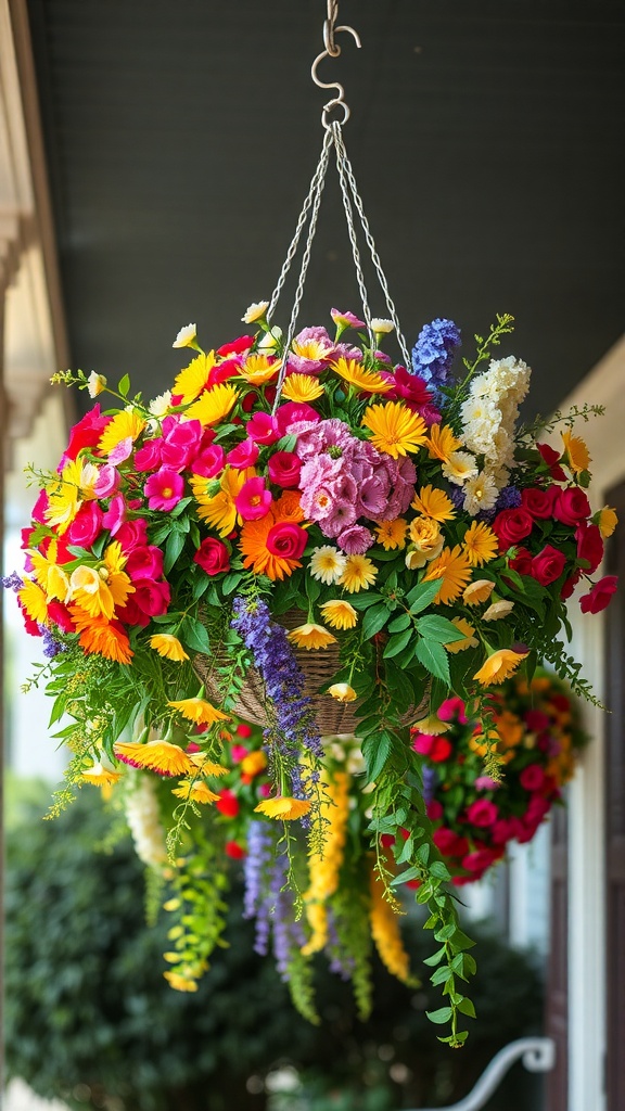 A vibrant hanging flower basket filled with colorful blooms and cascading vines.