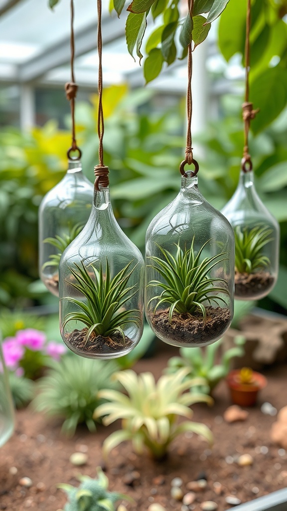 Hanging glass terrariums with air plants in a lush green environment