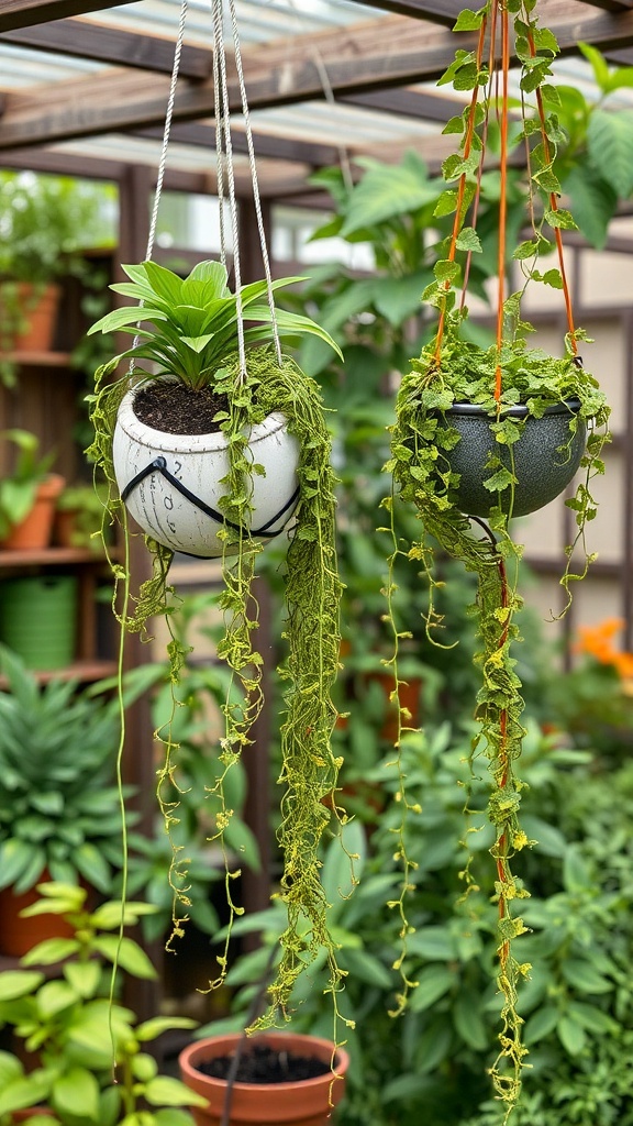 Two hanging planters with green plants, one with a vibrant plant and the other with cascading vines, set against a lush garden background.