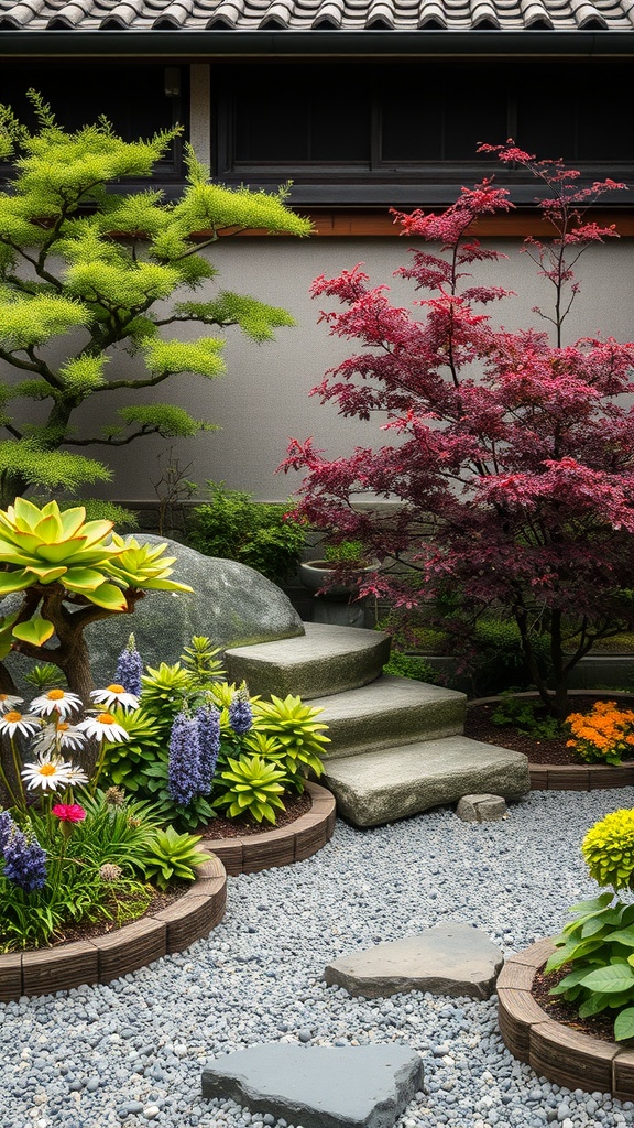 A small Japanese garden featuring green foliage, red maple trees, colorful flowers, and stone pathways.