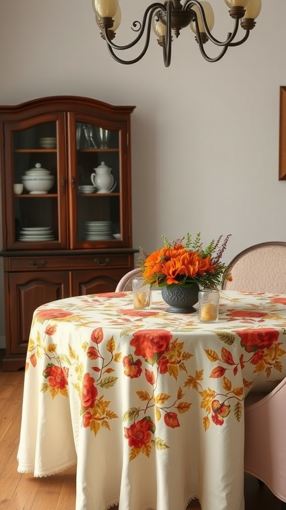 A dining table with a harvest-themed tablecloth featuring floral patterns in warm autumn colors, complemented by a vase of flowers and candles.
