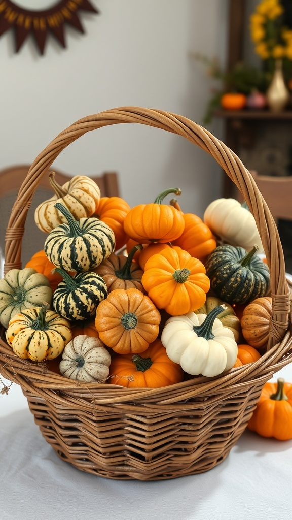 A woven basket overflowing with various gourds and pumpkins in autumn colors.