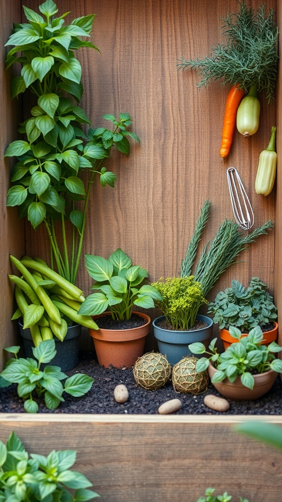 A small garden nook with various herbs and vegetables in pots, featuring green leaves and colorful vegetables.