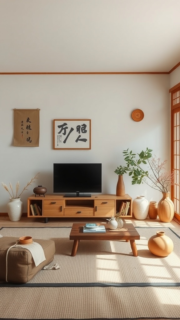 A cozy Japanese living room featuring handmade pottery, wooden furniture, and natural elements.