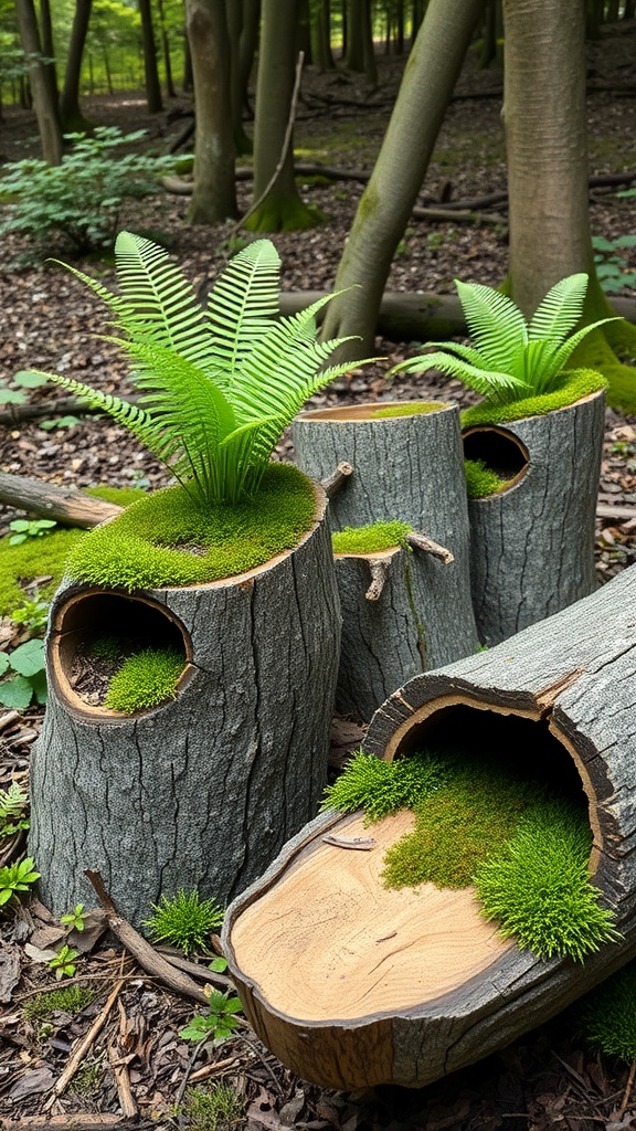 Hollow logs filled with ferns and moss in a forest setting