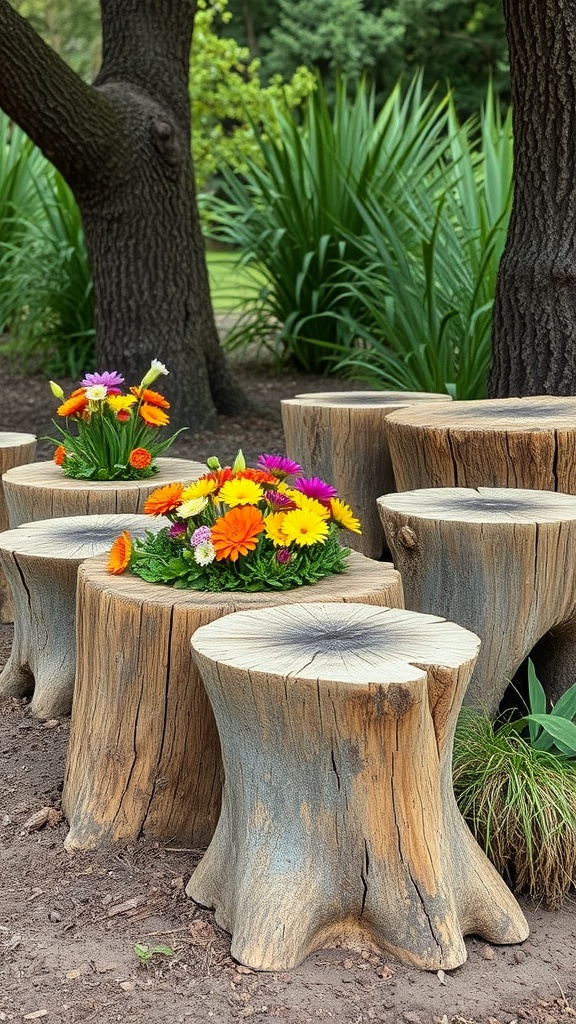 Colorful flowers planted in hollowed tree stumps in a garden setting.
