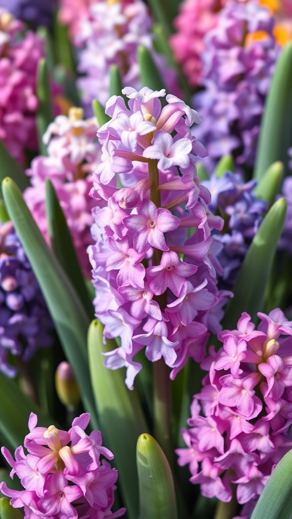 Colorful hyacinths in shades of pink and purple blooming in a garden