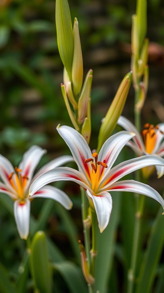 Close-up of Hymenocallis flowers with white petals, red accents, and yellow centers against green foliage.
