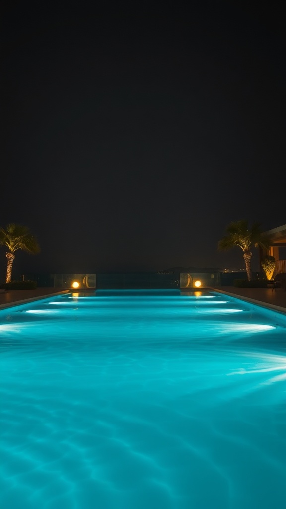 A beautifully lit swimming pool at night with blue underwater lights and palm trees in the background.