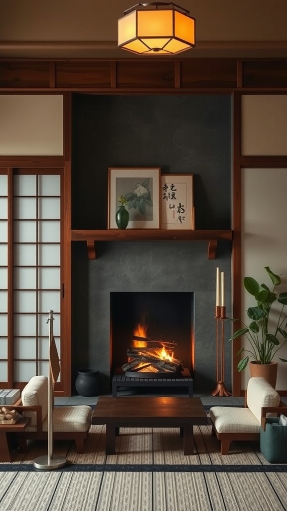 A cozy Japanese living room featuring a fireplace with flames, wooden furniture, and decorative elements.