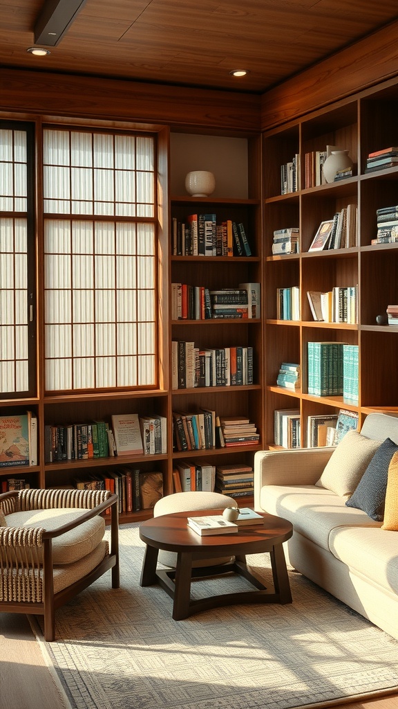 Cozy Japanese living room with bookshelves, a sofa, and a reading area.
