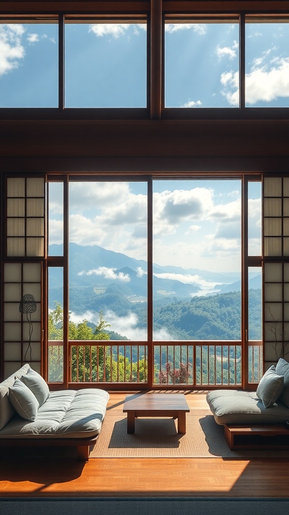 A Japanese living room with a wall of windows showcasing a scenic mountain view.
