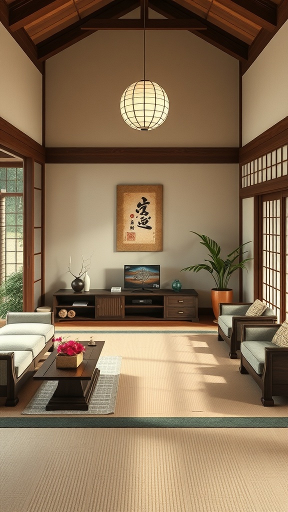 A Japanese living room featuring calligraphy artwork, wooden furniture, and natural light.